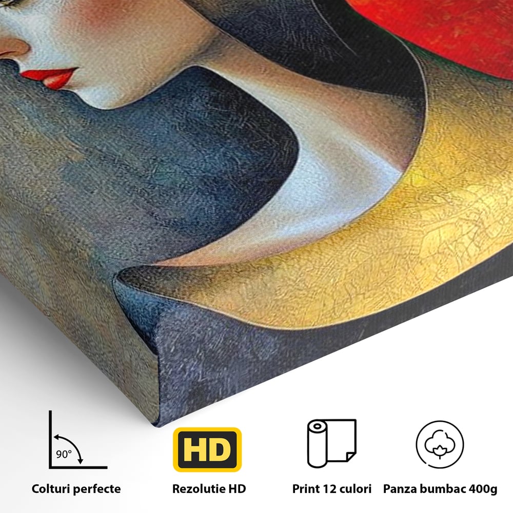 Tablou Canvas Premium, LuxCanva® G1123, Tacerea Geometrica, Femeie, Profil, Aur, Rosu, Arta, Expozitie, Abstract, Geometrie, Tacere, Living, Dormitor