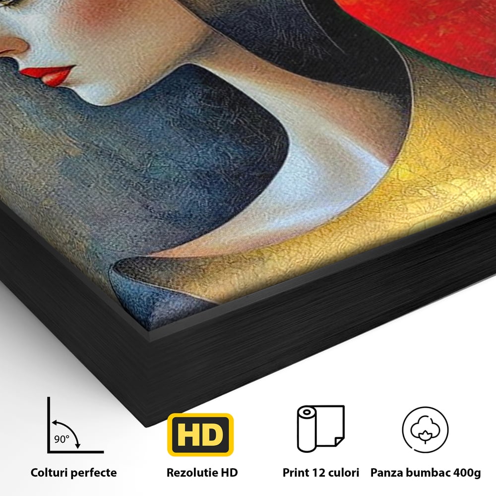 Tablou Canvas Premium, LuxCanva® G1123, Tacerea Geometrica, Femeie, Profil, Aur, Rosu, Arta, Expozitie, Abstract, Geometrie, Tacere, Living, Dormitor