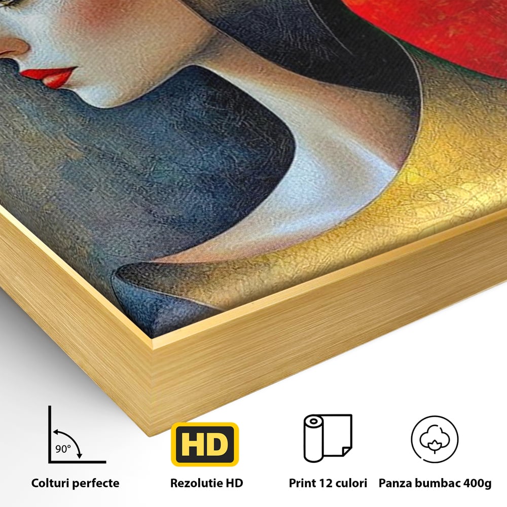 Tablou Canvas Premium, LuxCanva® G1123, Tacerea Geometrica, Femeie, Profil, Aur, Rosu, Arta, Expozitie, Abstract, Geometrie, Tacere, Living, Dormitor