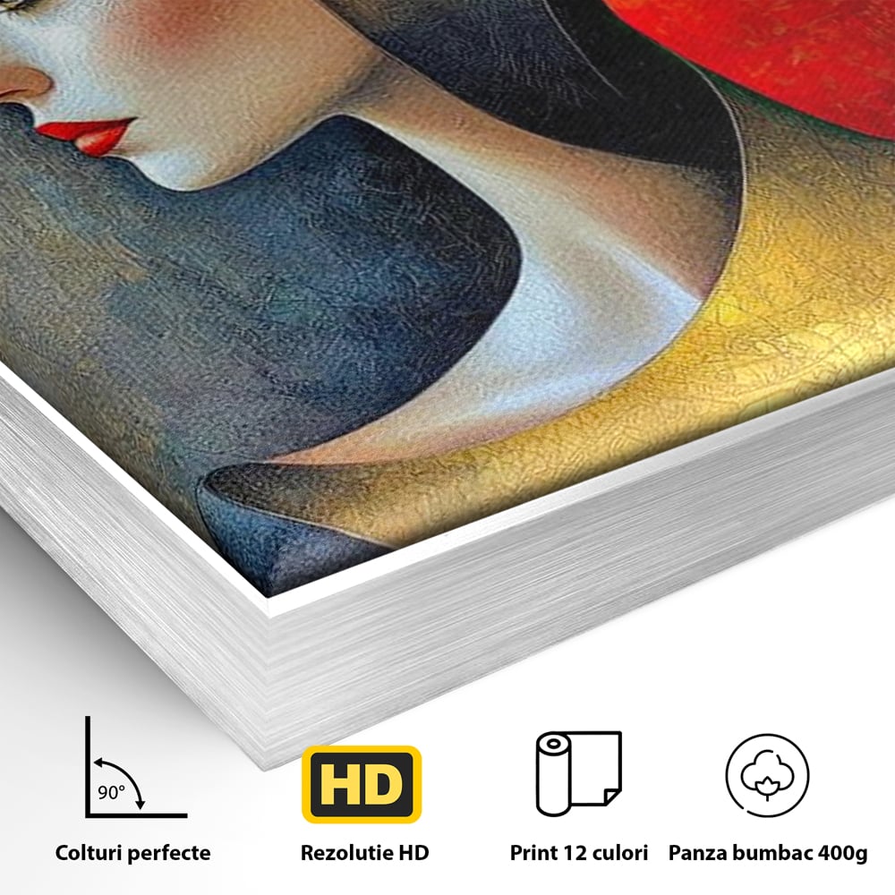 Tablou Canvas Premium, LuxCanva® G1123, Tacerea Geometrica, Femeie, Profil, Aur, Rosu, Arta, Expozitie, Abstract, Geometrie, Tacere, Living, Dormitor