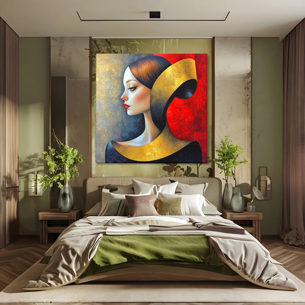 Tablou Canvas Premium, LuxCanva® G1123, Tacerea Geometrica, Femeie, Profil, Aur, Rosu, Arta, Expozitie, Abstract, Geometrie, Tacere, Living, Dormitor
