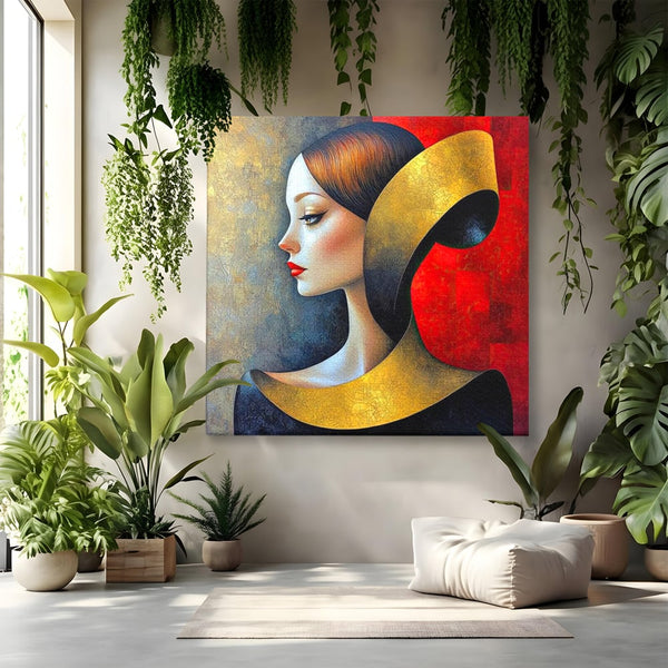 Tablou Canvas Premium, LuxCanva® G1123, Tacerea Geometrica, Femeie, Profil, Aur, Rosu, Arta, Expozitie, Abstract, Geometrie, Tacere, Living, Dormitor