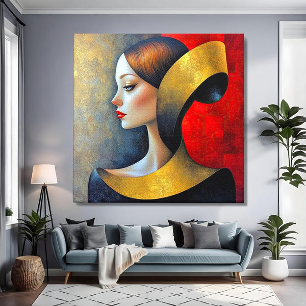 Tablou Canvas Premium, LuxCanva® G1123, Tacerea Geometrica, Femeie, Profil, Aur, Rosu, Arta, Expozitie, Abstract, Geometrie, Tacere, Living, Dormitor