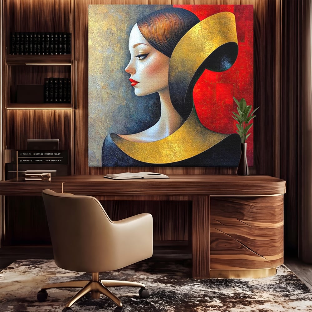 Tablou Canvas Premium, LuxCanva® G1123, Tacerea Geometrica, Femeie, Profil, Aur, Rosu, Arta, Expozitie, Abstract, Geometrie, Tacere, Living, Dormitor