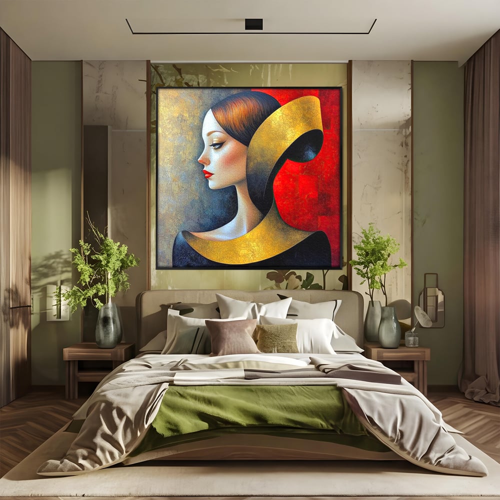 Tablou Canvas Premium, LuxCanva® G1123, Tacerea Geometrica, Femeie, Profil, Aur, Rosu, Arta, Expozitie, Abstract, Geometrie, Tacere, Living, Dormitor