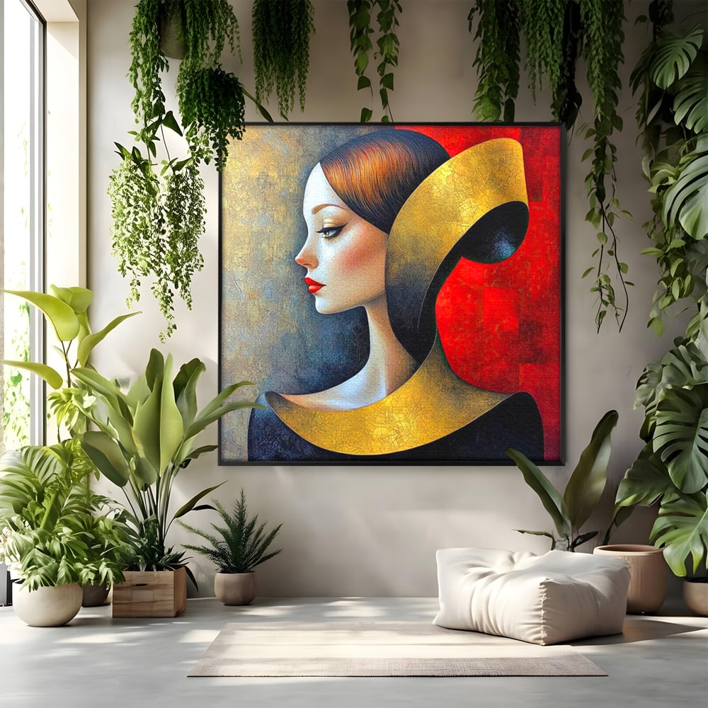 Tablou Canvas Premium, LuxCanva® G1123, Tacerea Geometrica, Femeie, Profil, Aur, Rosu, Arta, Expozitie, Abstract, Geometrie, Tacere, Living, Dormitor