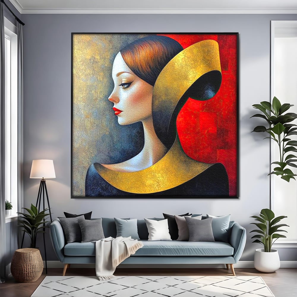 Tablou Canvas Premium, LuxCanva® G1123, Tacerea Geometrica, Femeie, Profil, Aur, Rosu, Arta, Expozitie, Abstract, Geometrie, Tacere, Living, Dormitor