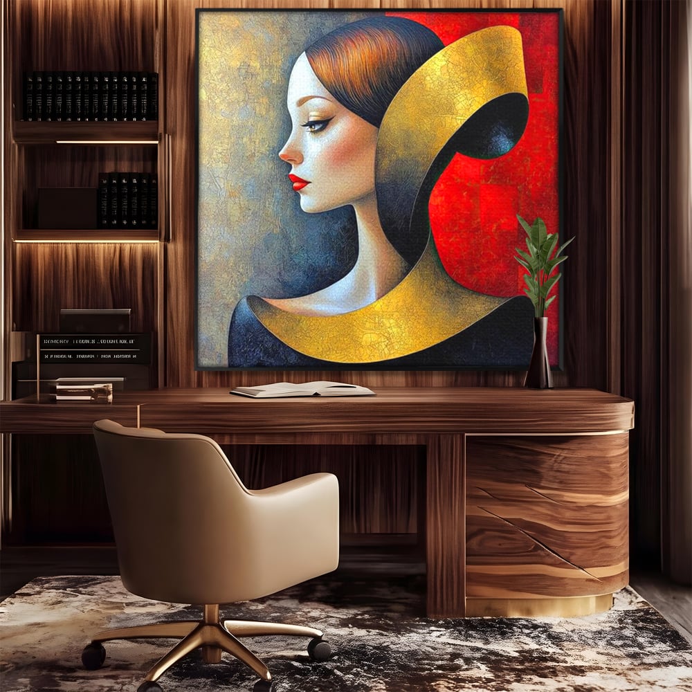 Tablou Canvas Premium, LuxCanva® G1123, Tacerea Geometrica, Femeie, Profil, Aur, Rosu, Arta, Expozitie, Abstract, Geometrie, Tacere, Living, Dormitor