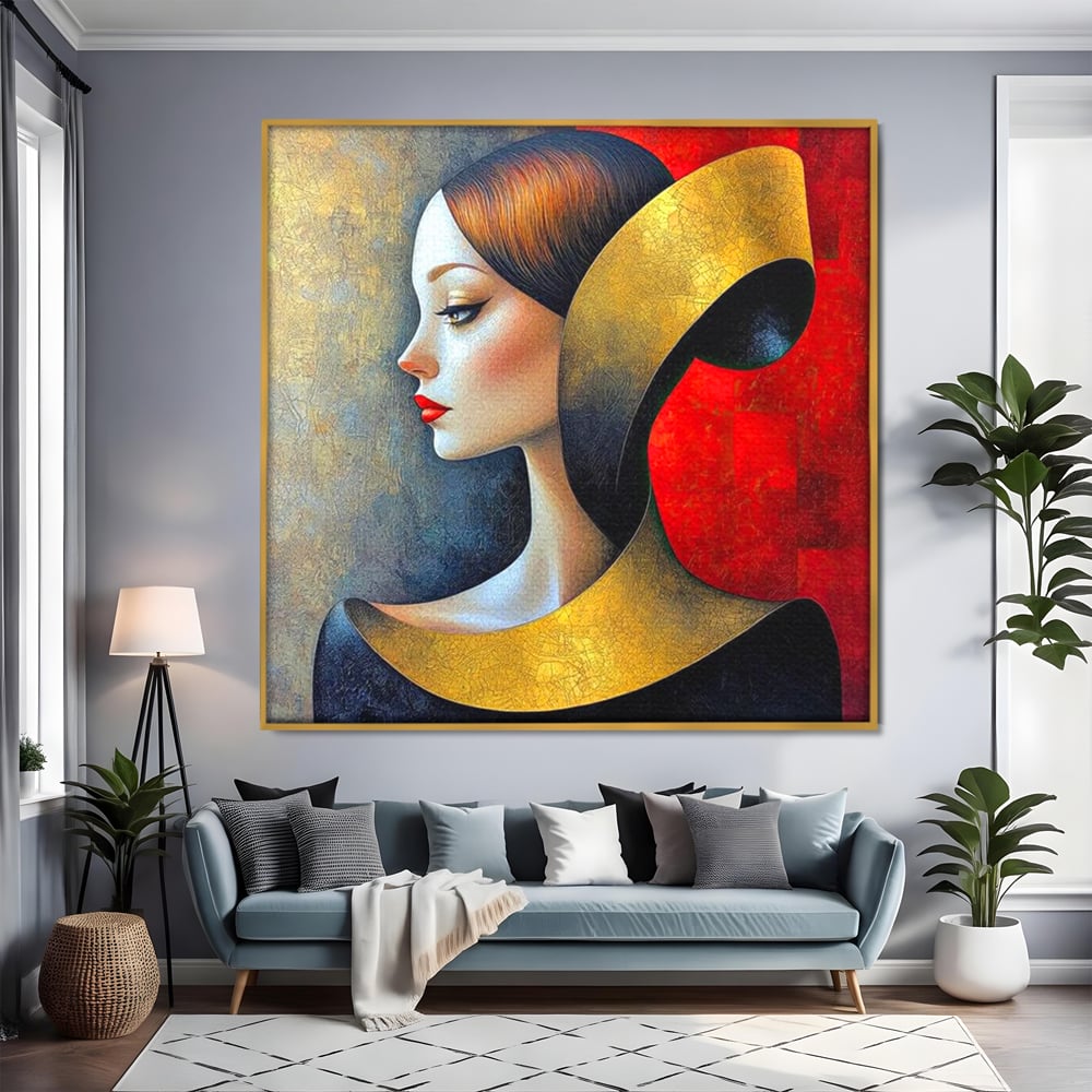 Tablou Canvas Premium, LuxCanva® G1123, Tacerea Geometrica, Femeie, Profil, Aur, Rosu, Arta, Expozitie, Abstract, Geometrie, Tacere, Living, Dormitor