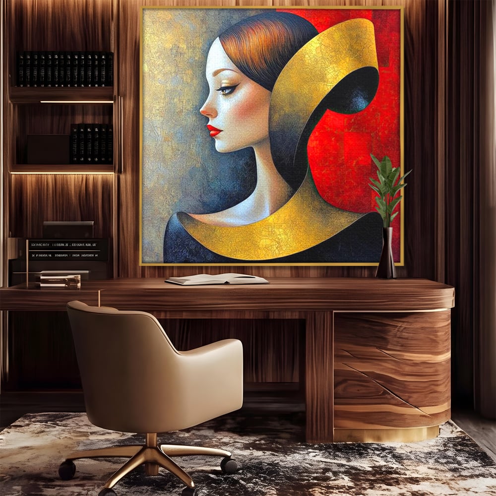 Tablou Canvas Premium, LuxCanva® G1123, Tacerea Geometrica, Femeie, Profil, Aur, Rosu, Arta, Expozitie, Abstract, Geometrie, Tacere, Living, Dormitor