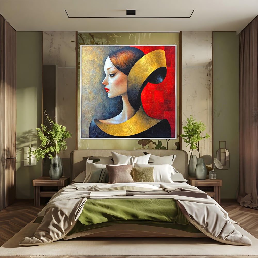 Tablou Canvas Premium, LuxCanva® G1123, Tacerea Geometrica, Femeie, Profil, Aur, Rosu, Arta, Expozitie, Abstract, Geometrie, Tacere, Living, Dormitor