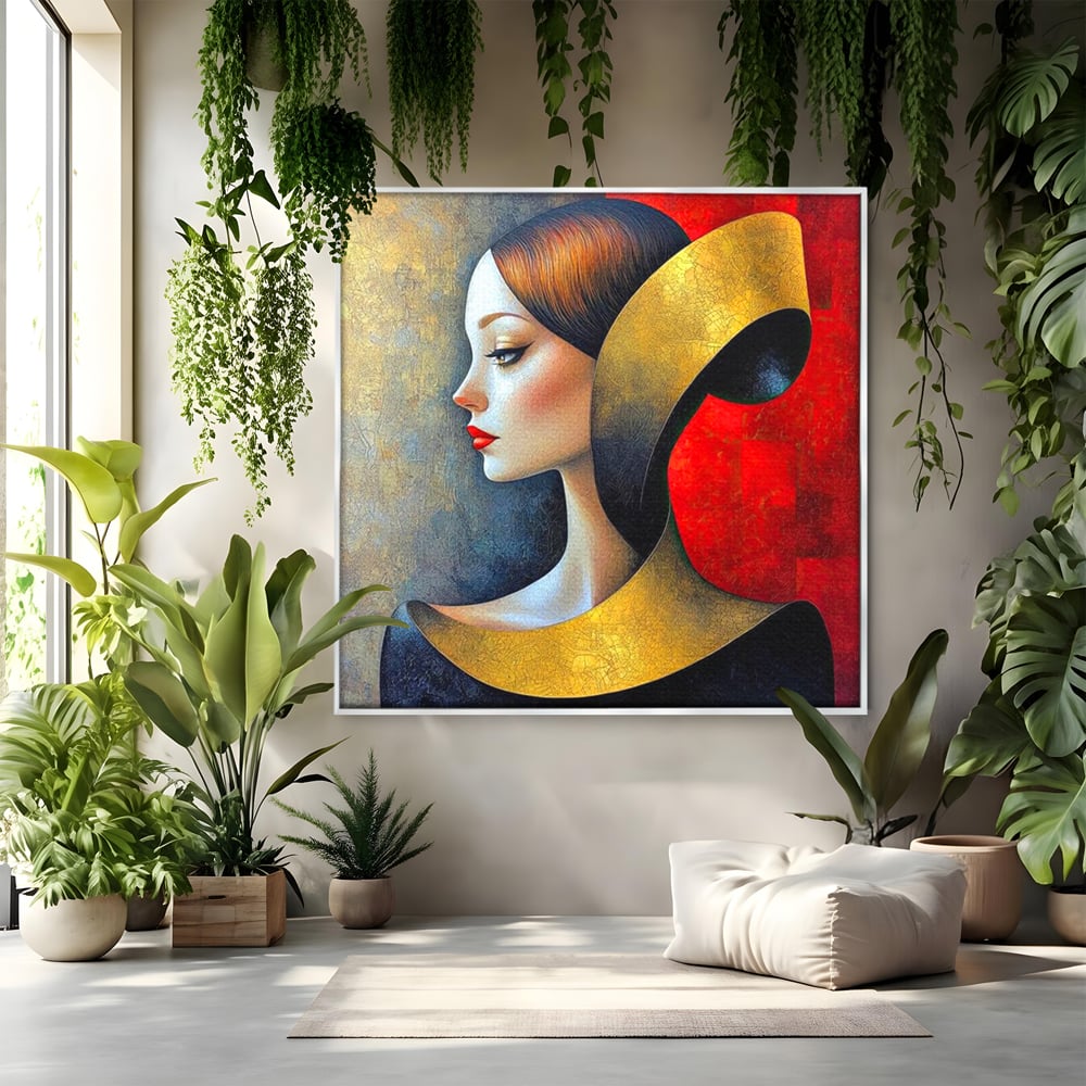 Tablou Canvas Premium, LuxCanva® G1123, Tacerea Geometrica, Femeie, Profil, Aur, Rosu, Arta, Expozitie, Abstract, Geometrie, Tacere, Living, Dormitor