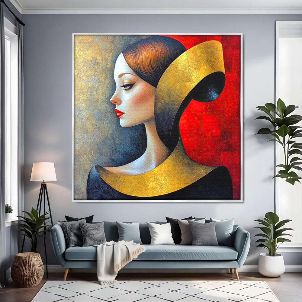 Tablou Canvas Premium, LuxCanva® G1123, Tacerea Geometrica, Femeie, Profil, Aur, Rosu, Arta, Expozitie, Abstract, Geometrie, Tacere, Living, Dormitor