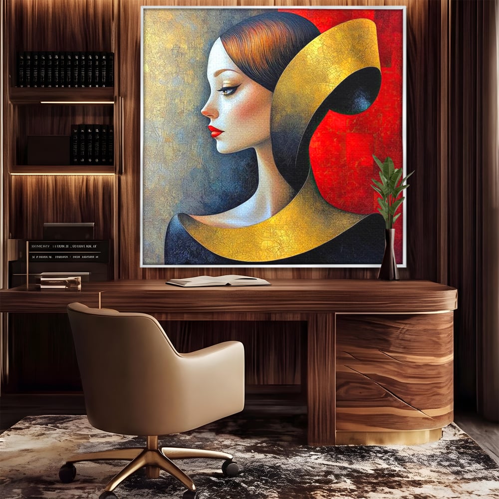 Tablou Canvas Premium, LuxCanva® G1123, Tacerea Geometrica, Femeie, Profil, Aur, Rosu, Arta, Expozitie, Abstract, Geometrie, Tacere, Living, Dormitor