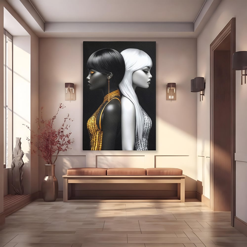 Tablou Canvas Premium, LuxCanva® G1124, Lumini si Umbre, Contrast, Alb, Negru, Dualitate, Feminina, Argint, Yin, Yang, Aur, Fete, Living, Dormitor