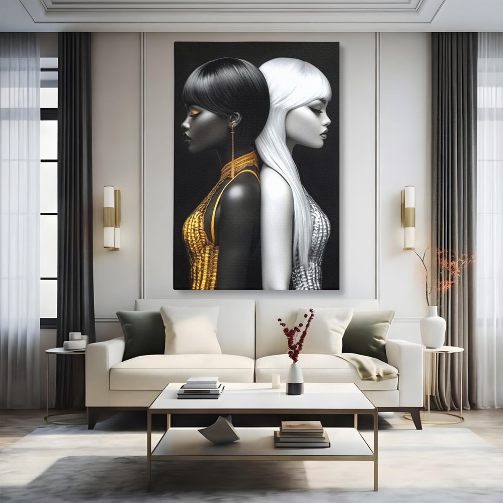 Tablou Canvas Premium, LuxCanva® G1124, Lumini si Umbre, Contrast, Alb, Negru, Dualitate, Feminina, Argint, Yin, Yang, Aur, Fete, Living, Dormitor