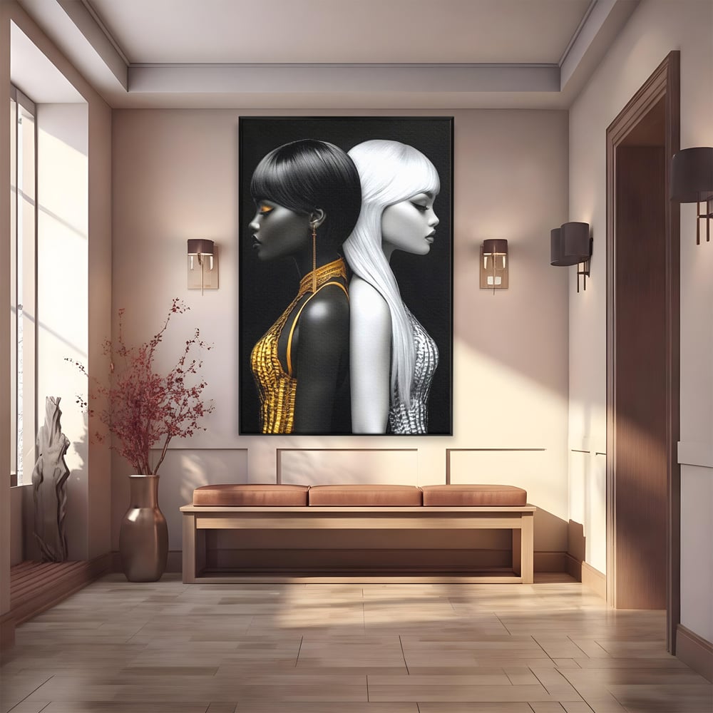 Tablou Canvas Premium, LuxCanva® G1124, Lumini si Umbre, Contrast, Alb, Negru, Dualitate, Feminina, Argint, Yin, Yang, Aur, Fete, Living, Dormitor