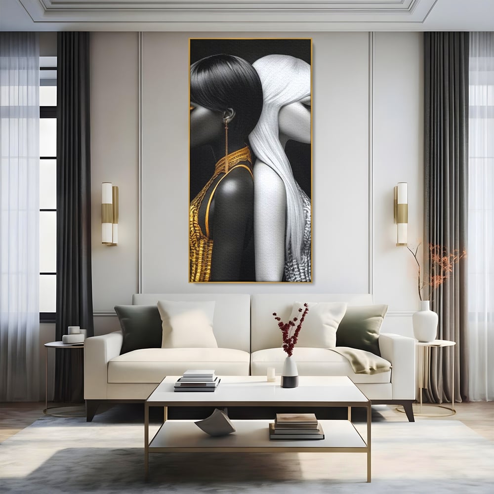 Tablou Canvas Premium, LuxCanva® G1124, Lumini si Umbre, Contrast, Alb, Negru, Dualitate, Feminina, Argint, Yin, Yang, Aur, Fete, Living, Dormitor