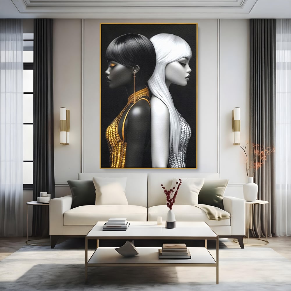 Tablou Canvas Premium, LuxCanva® G1124, Lumini si Umbre, Contrast, Alb, Negru, Dualitate, Feminina, Argint, Yin, Yang, Aur, Fete, Living, Dormitor