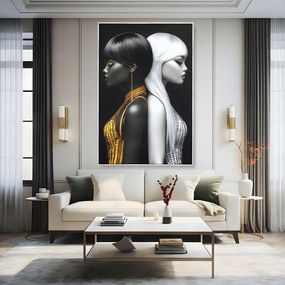 Tablou Canvas Premium, LuxCanva® G1124, Lumini si Umbre, Contrast, Alb, Negru, Dualitate, Feminina, Argint, Yin, Yang, Aur, Fete, Living, Dormitor