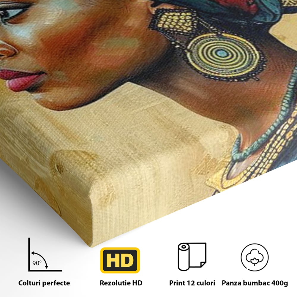Leinwand Premium Canvas Wandkunst, LuxCanva® G1126, Königin des Sandes, Afrikanisch, Königlich, Turban, Tradition, Kultur, Identität, Gold, Ethnisch, Erbstück, Wohnen, Schlafzimmer