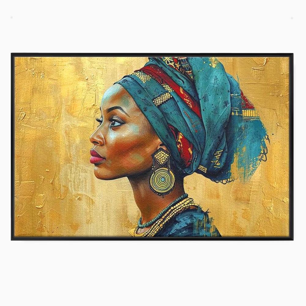 Leinwand Premium Canvas Wandkunst, LuxCanva® G1126, Königin des Sandes, Afrikanisch, Königlich, Turban, Tradition, Kultur, Identität, Gold, Ethnisch, Erbstück, Wohnen, Schlafzimmer