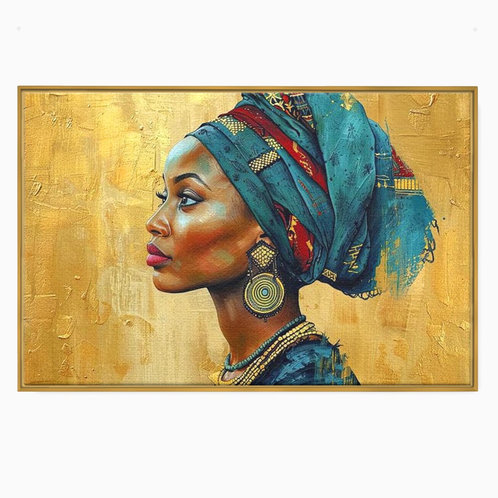 Leinwand Premium Canvas Wandkunst, LuxCanva® G1126, Königin des Sandes, Afrikanisch, Königlich, Turban, Tradition, Kultur, Identität, Gold, Ethnisch, Erbstück, Wohnen, Schlafzimmer