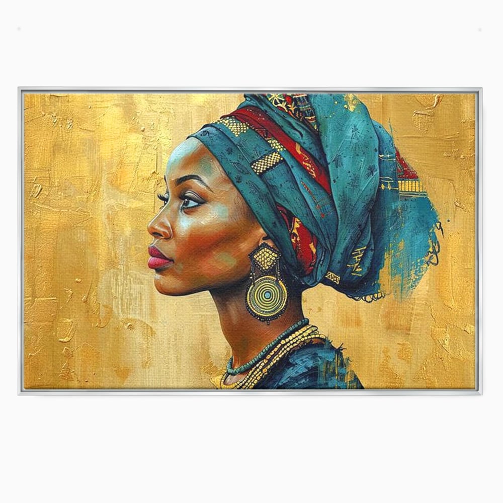 Leinwand Premium Canvas Wandkunst, LuxCanva® G1126, Königin des Sandes, Afrikanisch, Königlich, Turban, Tradition, Kultur, Identität, Gold, Ethnisch, Erbstück, Wohnen, Schlafzimmer