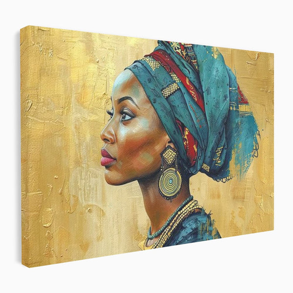 Leinwand Premium Canvas Wandkunst, LuxCanva® G1126, Königin des Sandes, Afrikanisch, Königlich, Turban, Tradition, Kultur, Identität, Gold, Ethnisch, Erbstück, Wohnen, Schlafzimmer