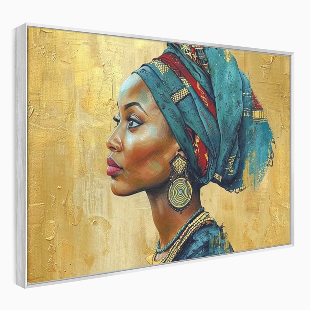 Leinwand Premium Canvas Wandkunst, LuxCanva® G1126, Königin des Sandes, Afrikanisch, Königlich, Turban, Tradition, Kultur, Identität, Gold, Ethnisch, Erbstück, Wohnen, Schlafzimmer