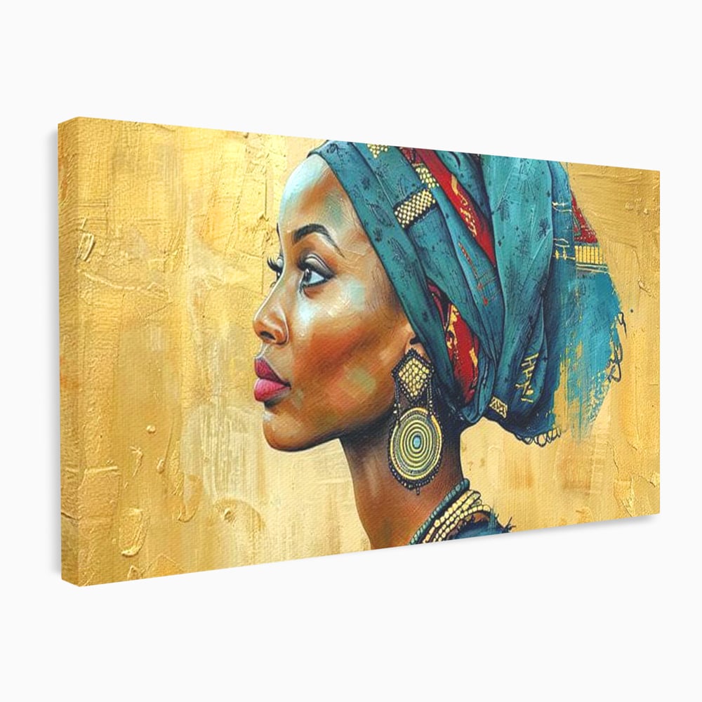 Leinwand Premium Canvas Wandkunst, LuxCanva® G1126, Königin des Sandes, Afrikanisch, Königlich, Turban, Tradition, Kultur, Identität, Gold, Ethnisch, Erbstück, Wohnen, Schlafzimmer