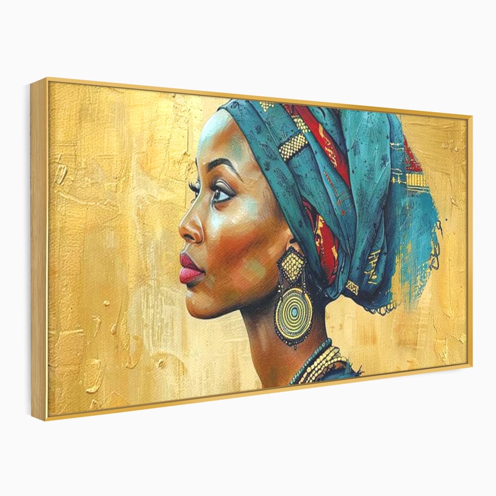 Leinwand Premium Canvas Wandkunst, LuxCanva® G1126, Königin des Sandes, Afrikanisch, Königlich, Turban, Tradition, Kultur, Identität, Gold, Ethnisch, Erbstück, Wohnen, Schlafzimmer