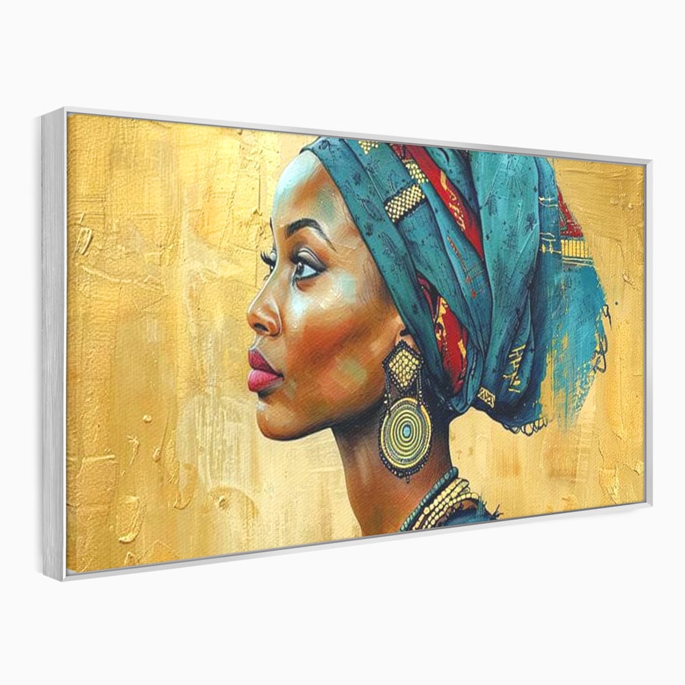 Leinwand Premium Canvas Wandkunst, LuxCanva® G1126, Königin des Sandes, Afrikanisch, Königlich, Turban, Tradition, Kultur, Identität, Gold, Ethnisch, Erbstück, Wohnen, Schlafzimmer