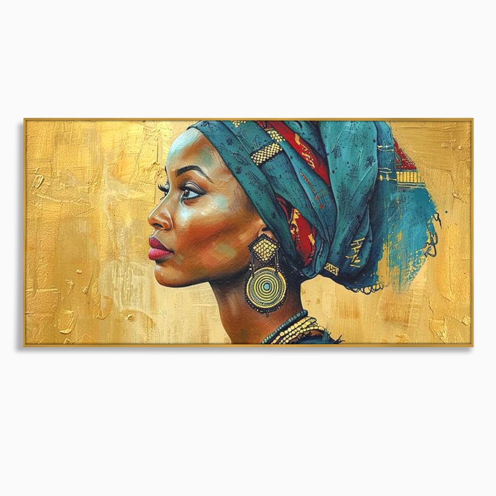 Leinwand Premium Canvas Wandkunst, LuxCanva® G1126, Königin des Sandes, Afrikanisch, Königlich, Turban, Tradition, Kultur, Identität, Gold, Ethnisch, Erbstück, Wohnen, Schlafzimmer