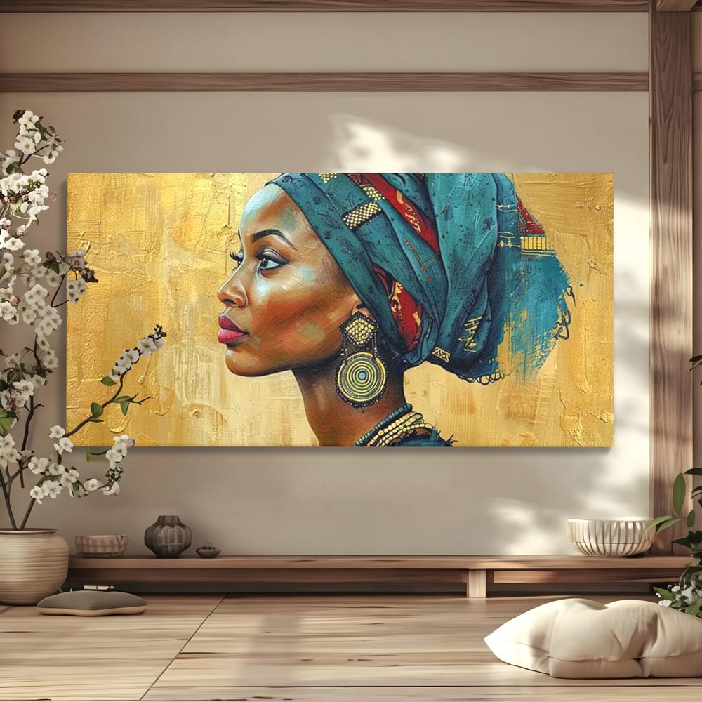 Leinwand Premium Canvas Wandkunst, LuxCanva® G1126, Königin des Sandes, Afrikanisch, Königlich, Turban, Tradition, Kultur, Identität, Gold, Ethnisch, Erbstück, Wohnen, Schlafzimmer