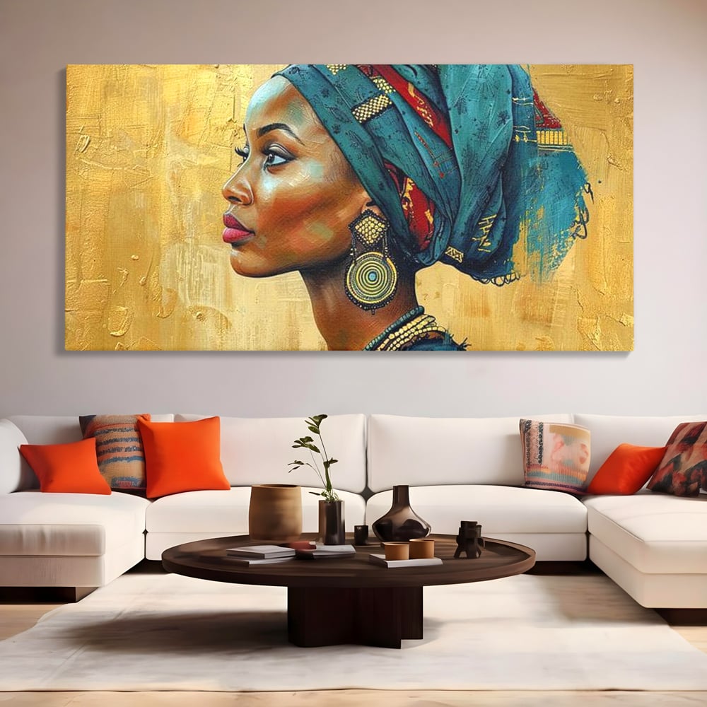 Leinwand Premium Canvas Wandkunst, LuxCanva® G1126, Königin des Sandes, Afrikanisch, Königlich, Turban, Tradition, Kultur, Identität, Gold, Ethnisch, Erbstück, Wohnen, Schlafzimmer