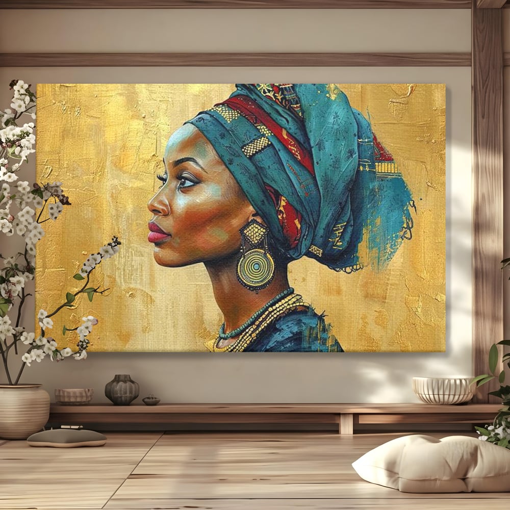 Leinwand Premium Canvas Wandkunst, LuxCanva® G1126, Königin des Sandes, Afrikanisch, Königlich, Turban, Tradition, Kultur, Identität, Gold, Ethnisch, Erbstück, Wohnen, Schlafzimmer