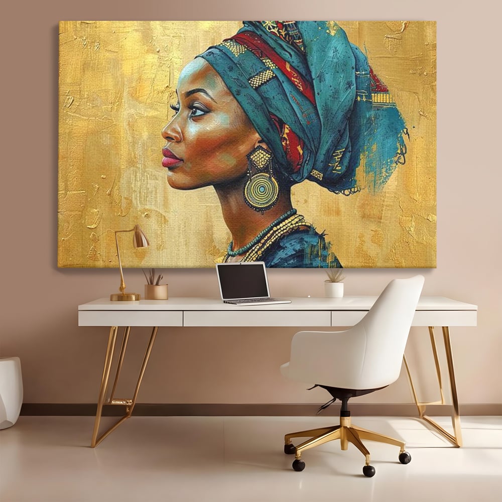 Leinwand Premium Canvas Wandkunst, LuxCanva® G1126, Königin des Sandes, Afrikanisch, Königlich, Turban, Tradition, Kultur, Identität, Gold, Ethnisch, Erbstück, Wohnen, Schlafzimmer
