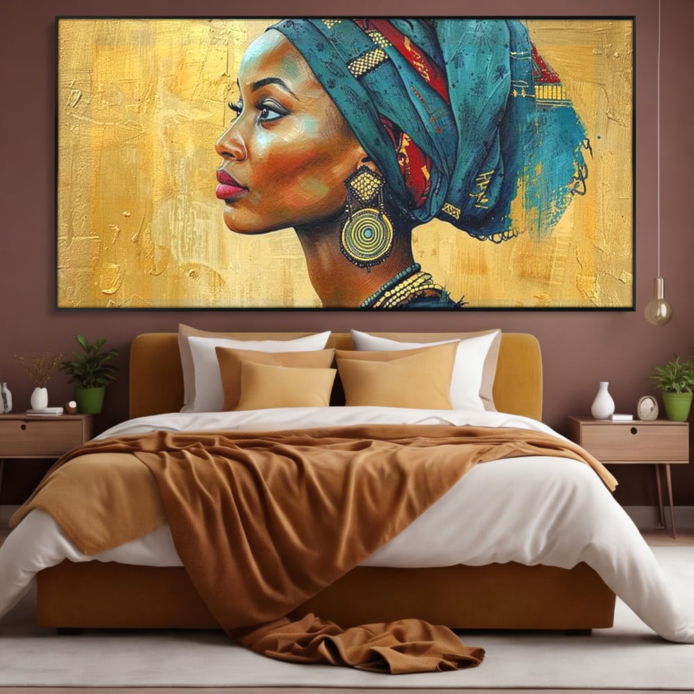 Leinwand Premium Canvas Wandkunst, LuxCanva® G1126, Königin des Sandes, Afrikanisch, Königlich, Turban, Tradition, Kultur, Identität, Gold, Ethnisch, Erbstück, Wohnen, Schlafzimmer