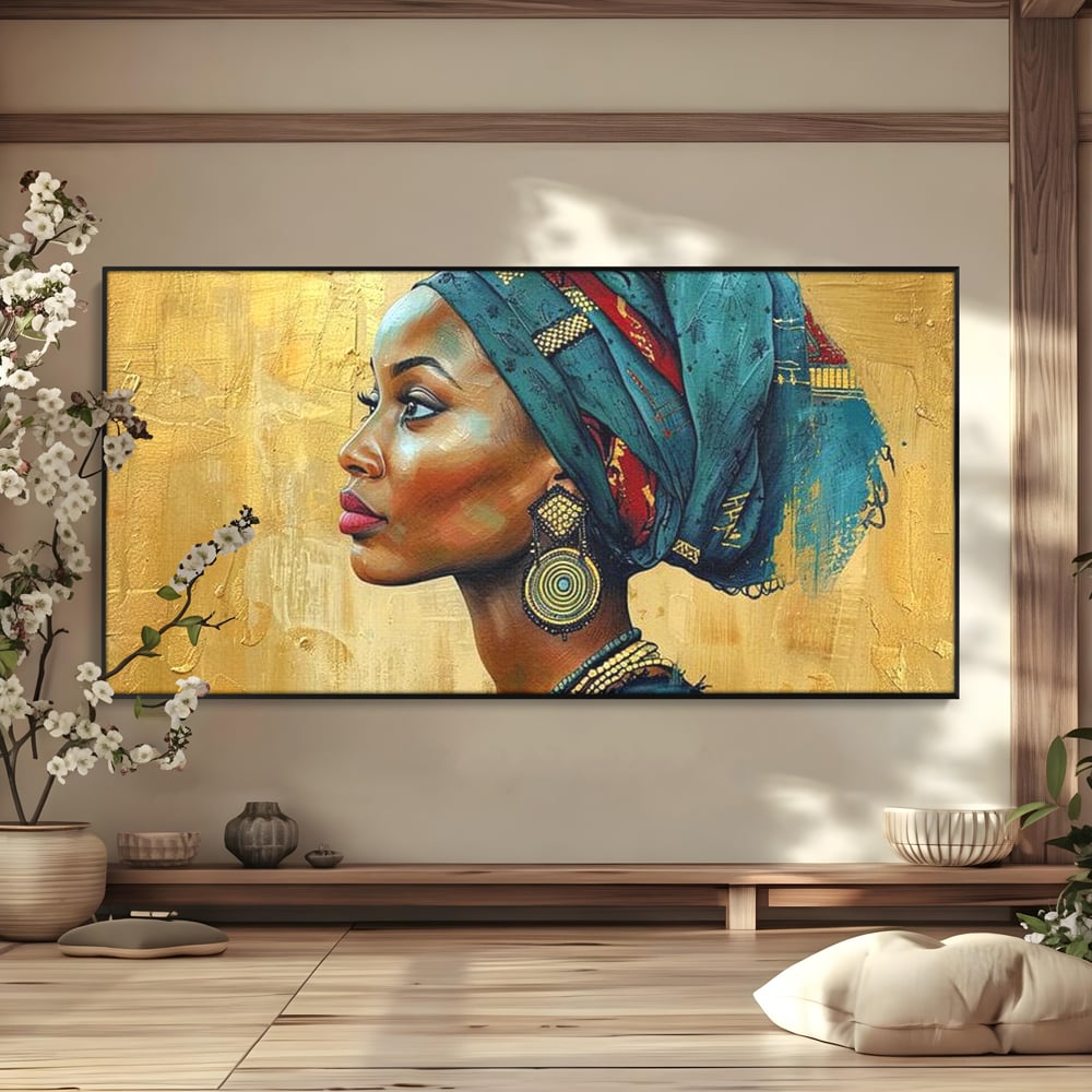 Leinwand Premium Canvas Wandkunst, LuxCanva® G1126, Königin des Sandes, Afrikanisch, Königlich, Turban, Tradition, Kultur, Identität, Gold, Ethnisch, Erbstück, Wohnen, Schlafzimmer