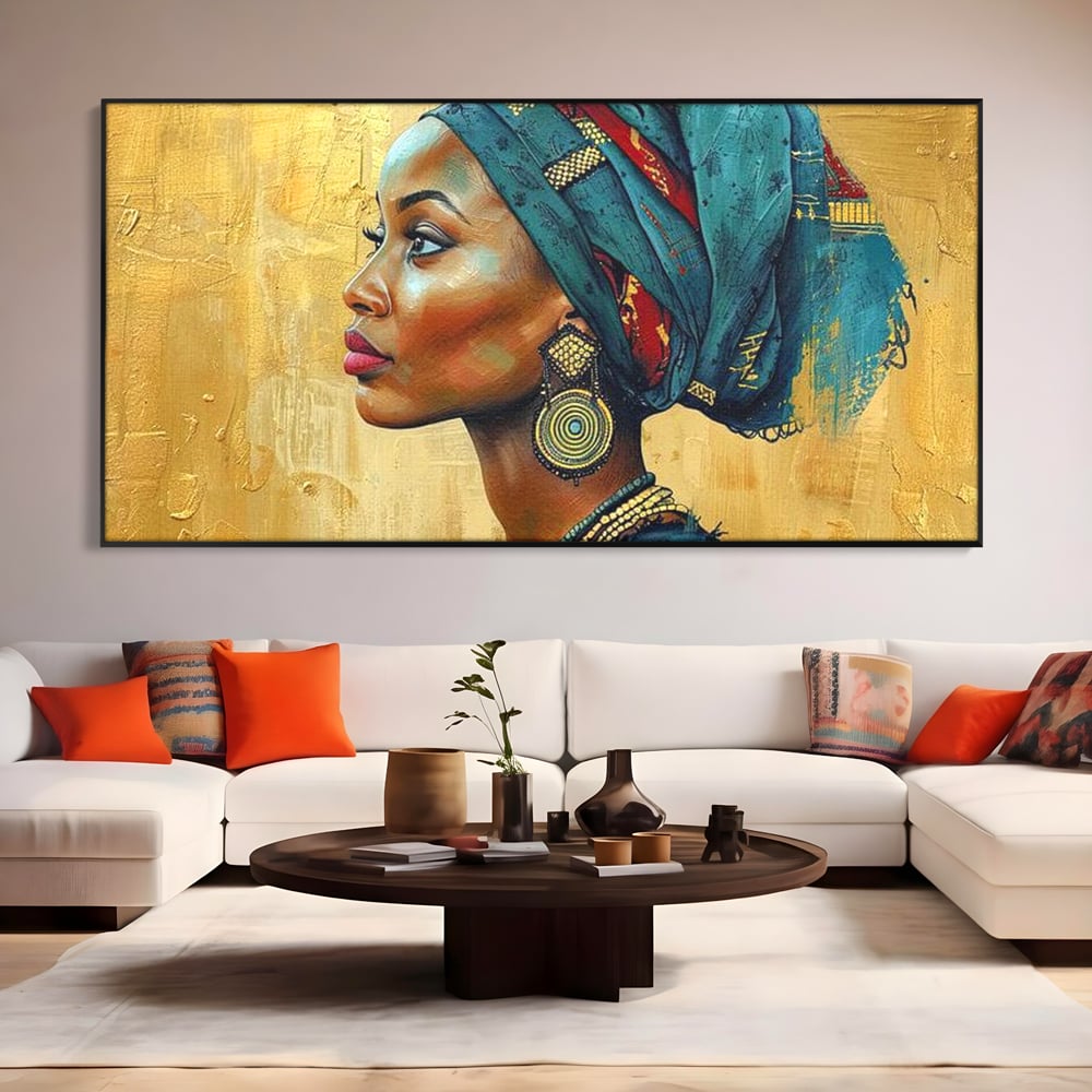 Leinwand Premium Canvas Wandkunst, LuxCanva® G1126, Königin des Sandes, Afrikanisch, Königlich, Turban, Tradition, Kultur, Identität, Gold, Ethnisch, Erbstück, Wohnen, Schlafzimmer