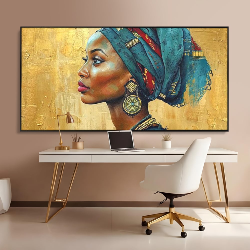 Leinwand Premium Canvas Wandkunst, LuxCanva® G1126, Königin des Sandes, Afrikanisch, Königlich, Turban, Tradition, Kultur, Identität, Gold, Ethnisch, Erbstück, Wohnen, Schlafzimmer