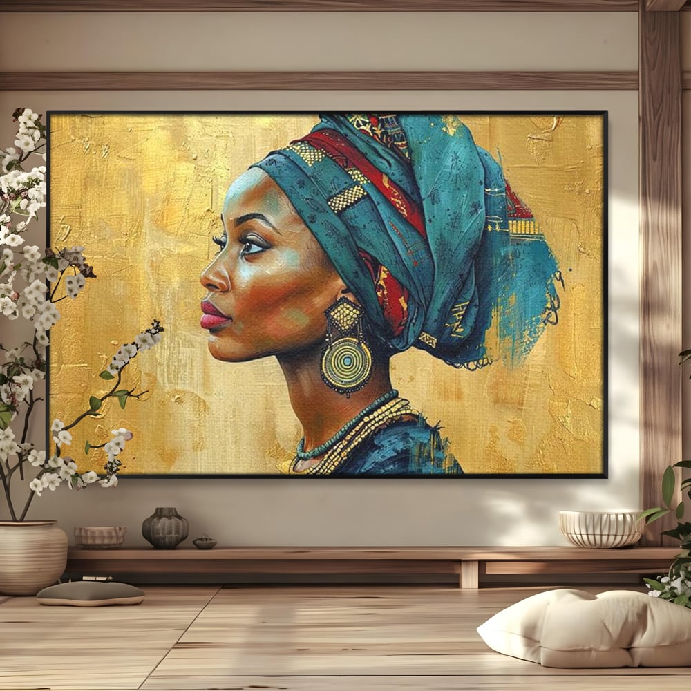 Leinwand Premium Canvas Wandkunst, LuxCanva® G1126, Königin des Sandes, Afrikanisch, Königlich, Turban, Tradition, Kultur, Identität, Gold, Ethnisch, Erbstück, Wohnen, Schlafzimmer