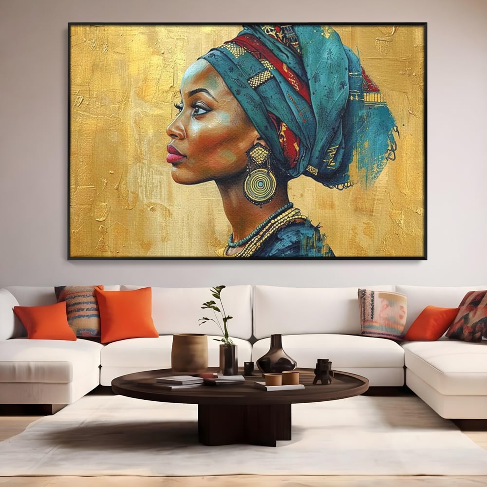 Leinwand Premium Canvas Wandkunst, LuxCanva® G1126, Königin des Sandes, Afrikanisch, Königlich, Turban, Tradition, Kultur, Identität, Gold, Ethnisch, Erbstück, Wohnen, Schlafzimmer