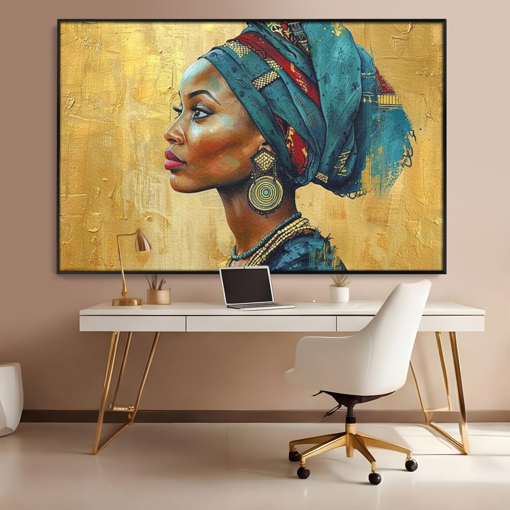Leinwand Premium Canvas Wandkunst, LuxCanva® G1126, Königin des Sandes, Afrikanisch, Königlich, Turban, Tradition, Kultur, Identität, Gold, Ethnisch, Erbstück, Wohnen, Schlafzimmer