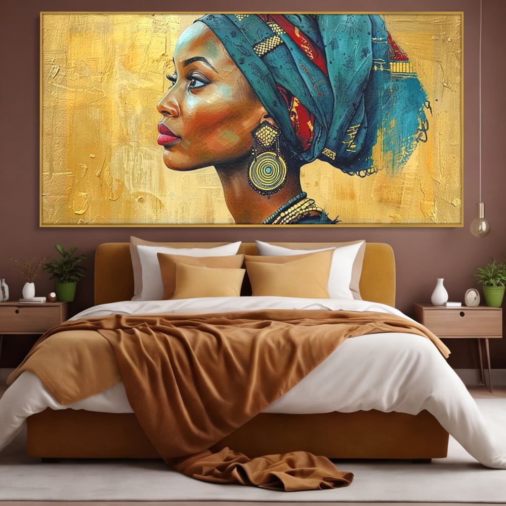 Leinwand Premium Canvas Wandkunst, LuxCanva® G1126, Königin des Sandes, Afrikanisch, Königlich, Turban, Tradition, Kultur, Identität, Gold, Ethnisch, Erbstück, Wohnen, Schlafzimmer