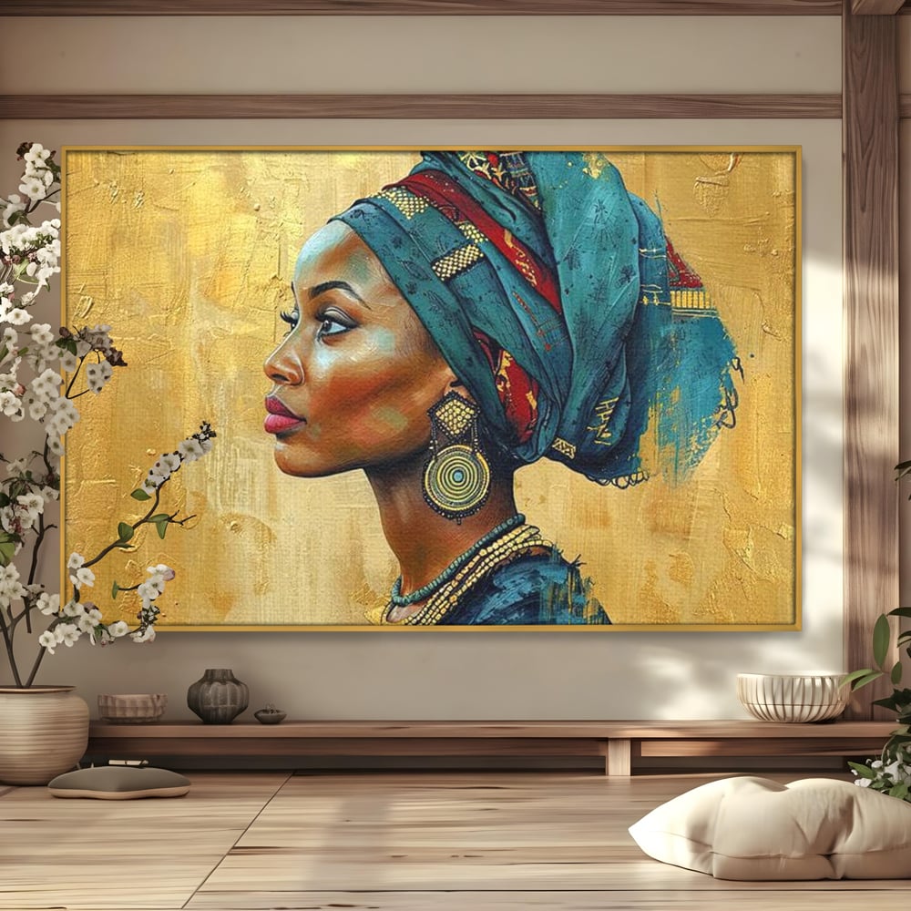Leinwand Premium Canvas Wandkunst, LuxCanva® G1126, Königin des Sandes, Afrikanisch, Königlich, Turban, Tradition, Kultur, Identität, Gold, Ethnisch, Erbstück, Wohnen, Schlafzimmer