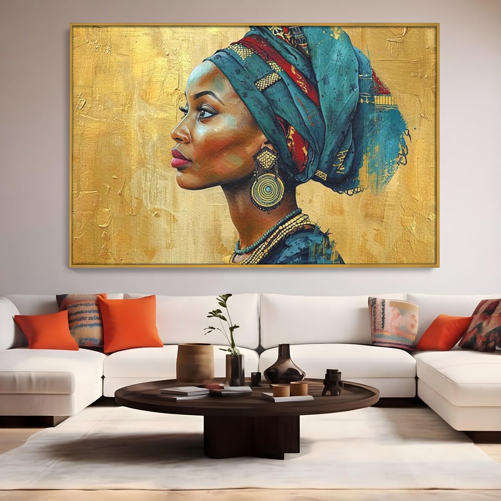 Leinwand Premium Canvas Wandkunst, LuxCanva® G1126, Königin des Sandes, Afrikanisch, Königlich, Turban, Tradition, Kultur, Identität, Gold, Ethnisch, Erbstück, Wohnen, Schlafzimmer