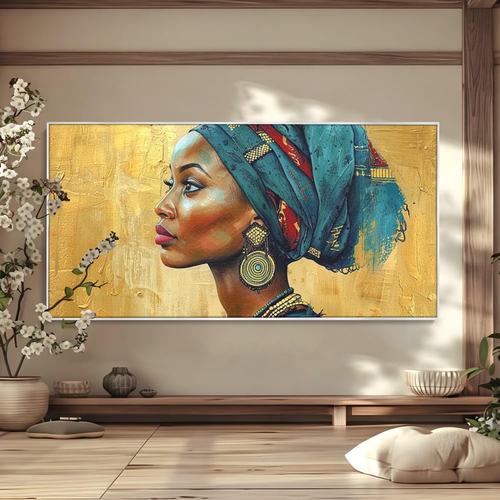 Leinwand Premium Canvas Wandkunst, LuxCanva® G1126, Königin des Sandes, Afrikanisch, Königlich, Turban, Tradition, Kultur, Identität, Gold, Ethnisch, Erbstück, Wohnen, Schlafzimmer