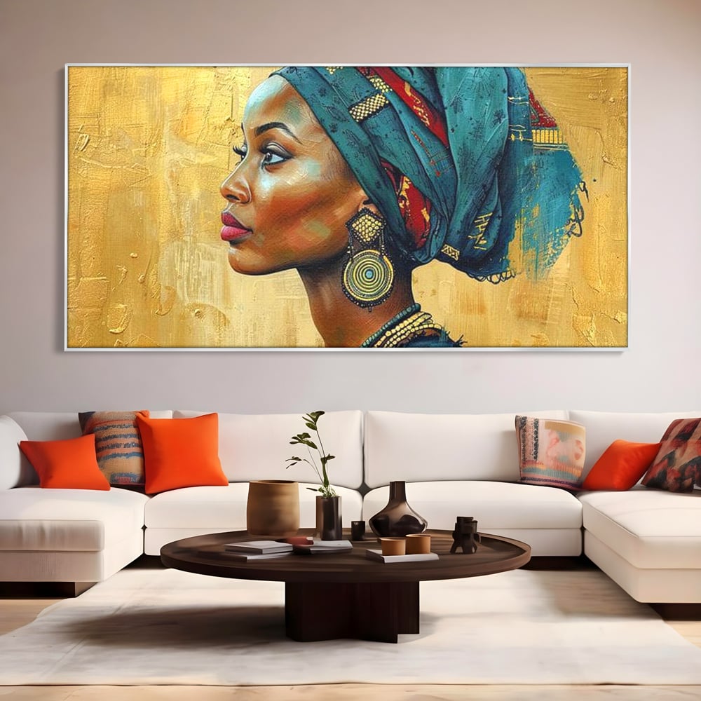 Leinwand Premium Canvas Wandkunst, LuxCanva® G1126, Königin des Sandes, Afrikanisch, Königlich, Turban, Tradition, Kultur, Identität, Gold, Ethnisch, Erbstück, Wohnen, Schlafzimmer